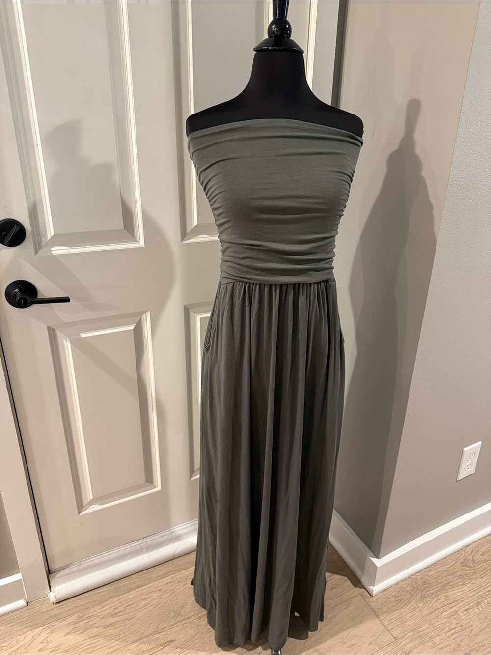 Strapless Olive Maxi Dress with Ruched Bodice